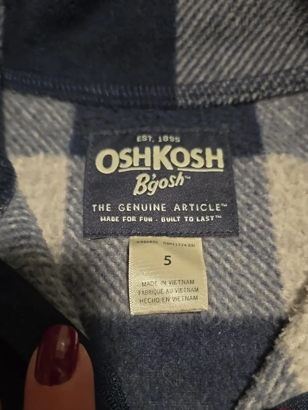 OshKosh B'gosh Navy and Gray Buffalo Check Zip-Up Sweater
